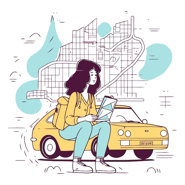 Vecteur illustration vectorielle d'une fille avec une carte et un taxi jaune