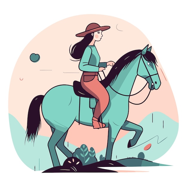Vecteur illustration vectorielle d'une fille à cheval par une journée ensoleillée