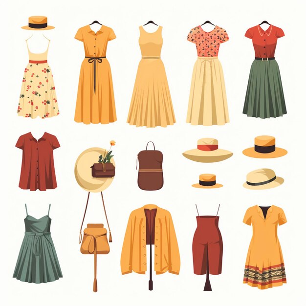 Illustration Vectorielle Fille Collection De Mode Vêtements Set De Dessins Animés Vêtements Vêtements Robe Gr