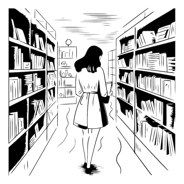 Vecteur illustration vectorielle d'une fille dans une bibliothèque vue arrière d'une jeune fille choisissant un livre