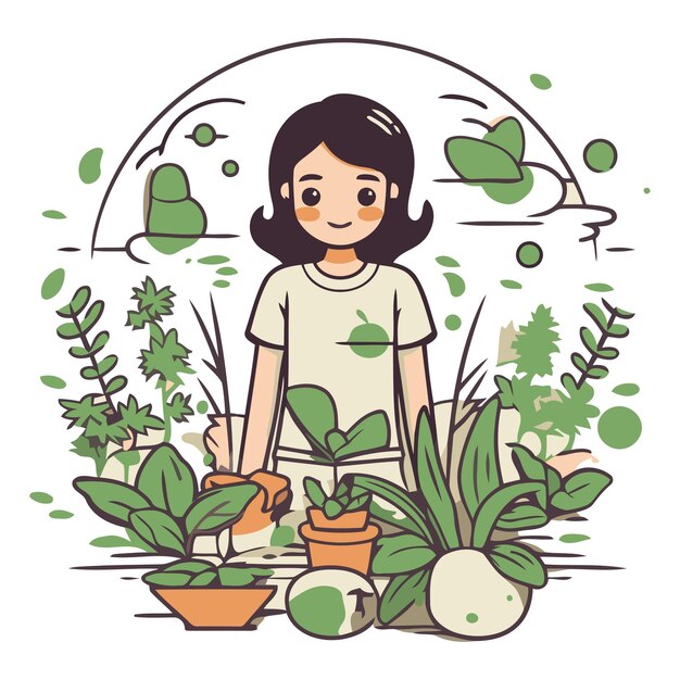 Illustration Vectorielle D'une Fille Dans Le Jardin Avec Des Plantes En Pot