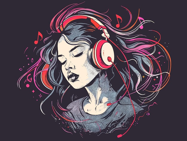 Illustration vectorielle d'une fille écoutant de la musique avec des écouteurs sur un fond noir
