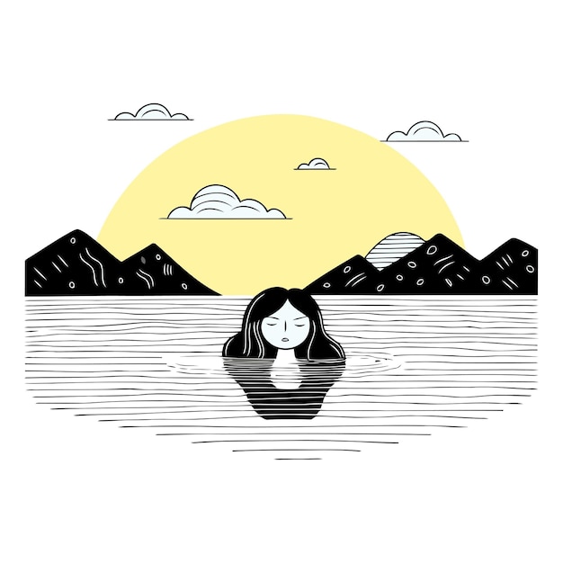 Vecteur illustration vectorielle d'une fille sur le fond de montagnes et de rivières