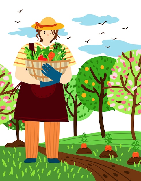 Illustration vectorielle d'une fille de jardinier heureuse porte un panier de légumes et d'herbes dans ses mains