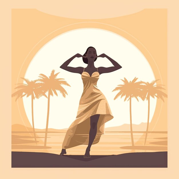 Illustration vectorielle d'une fille à la peau noire faisant du yoga sur la toile de fond d'un énorme soleil