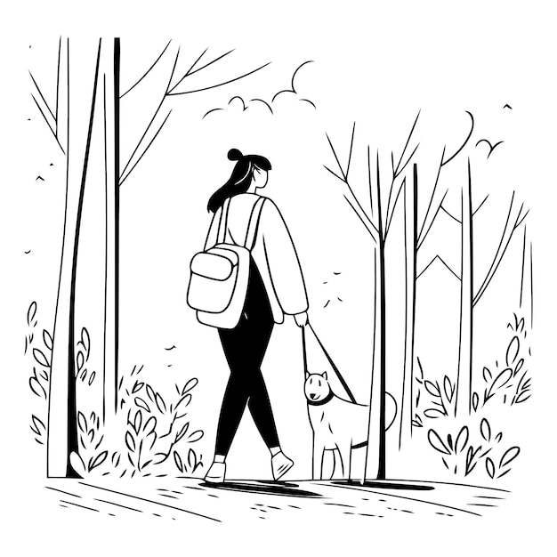 Vecteur illustration vectorielle d'une fille qui se promène avec un chien dans le parc
