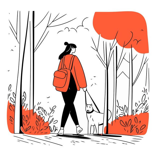 Illustration Vectorielle D'une Fille Qui Se Promène Avec Un Chien Dans Le Parc