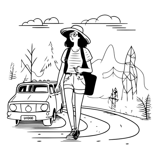 Vecteur illustration vectorielle d'une fille sur la route avec un sac à dos et une voiture