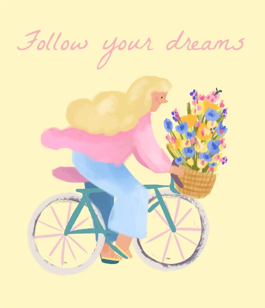 Vecteur illustration vectorielle fille sur un vélo avec un panier de fleurs citation de motivation suivez vos rêves