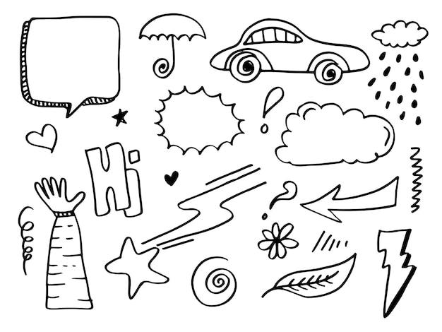 Illustration vectorielle Flèche de voiture dessinée à la main, étoile, coup de foudre, nuages et autres éléments de conception.