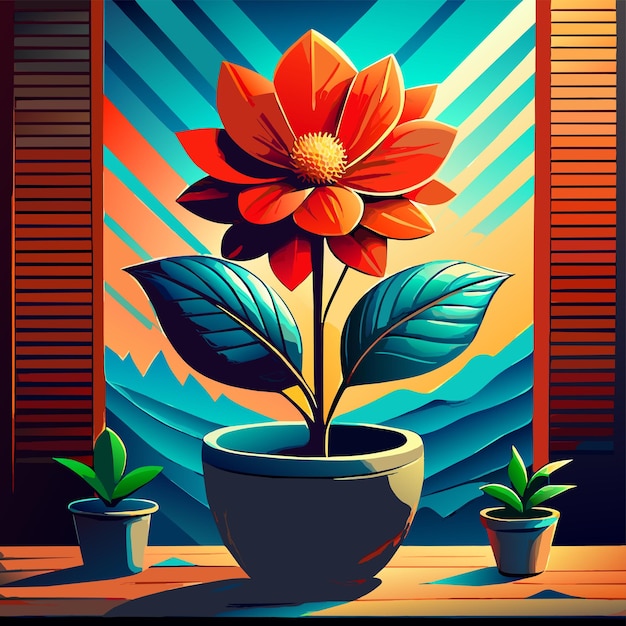 Vecteur illustration vectorielle d'une fleur rouge dans un pot d'argile