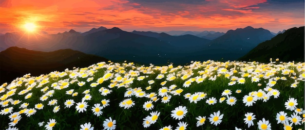 Vecteur illustration vectorielle des fleurs de camomille blanches et de l'herbe sur les collines sur fond de montagnes et d'une