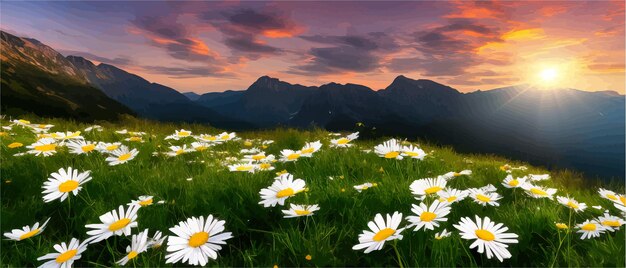 Illustration Vectorielle Des Fleurs De Camomille Blanches Et De L'herbe Sur Les Collines Sur Fond De Montagnes Et D'une