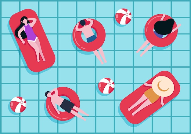 Illustration Vectorielle De Fond De Natation Dans Un Style Cartoon Plat. Les Gens S'habillent De Maillots De Bain, Nagent En été Et Font Des Activités Aquatiques