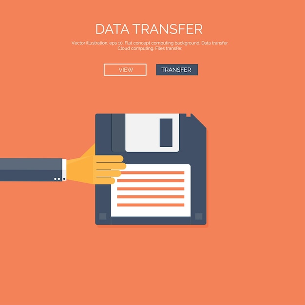 Illustration vectorielle à fond plat avec des informations de transfert de données sur disquette à main