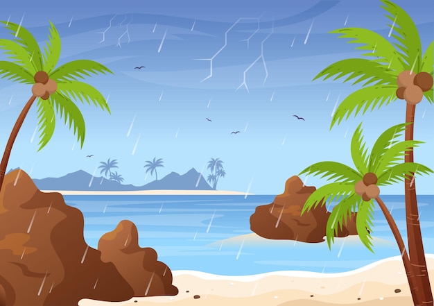 Illustration vectorielle de fond de tempête de pluie avec paysage de plage quand il pleut et lieu public vide avec flaque d'eau pour bannière ou affiche