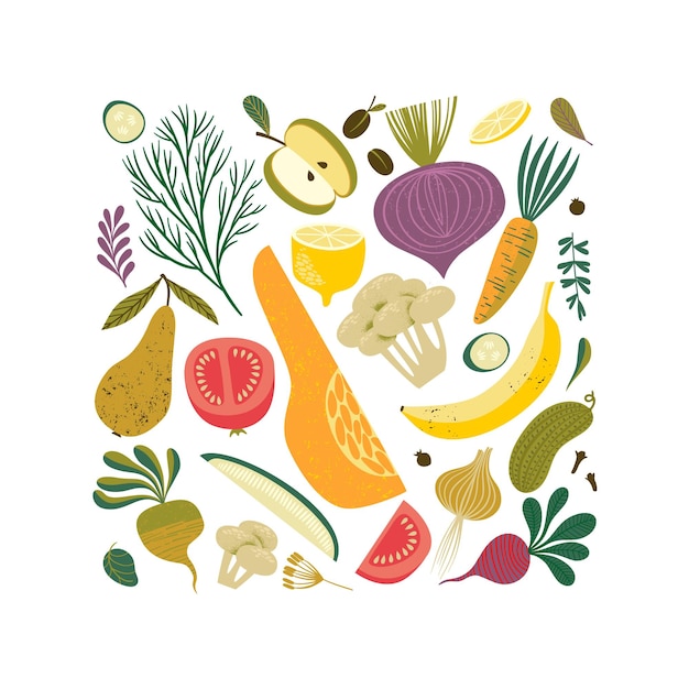 Illustration Vectorielle De Fruits Et Légumes Alimentation Saine Conception Isolée