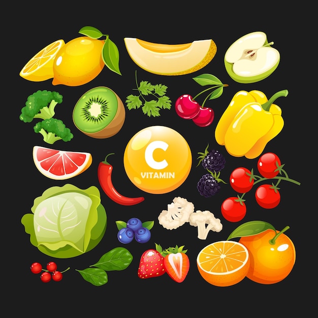 Illustration vectorielle de fruits et légumes enrichis en vitamines