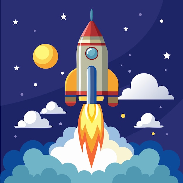 Illustration vectorielle d'une fusée spatiale volant vers le ciel dessin pour enfants