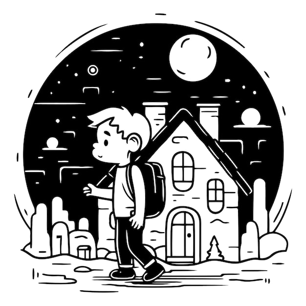 Illustration Vectorielle D'un Garçon Devant Une Maison La Nuit