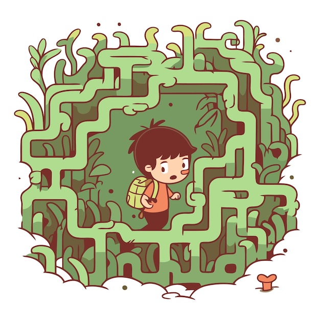 Vecteur illustration vectorielle d'un garçon avec un sac à dos qui traverse un labyrinthe