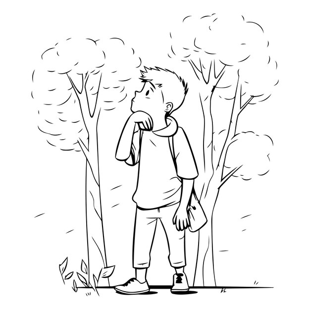 Vecteur illustration vectorielle d'un garçon se tenant dans le parc et pensant à quelque chose