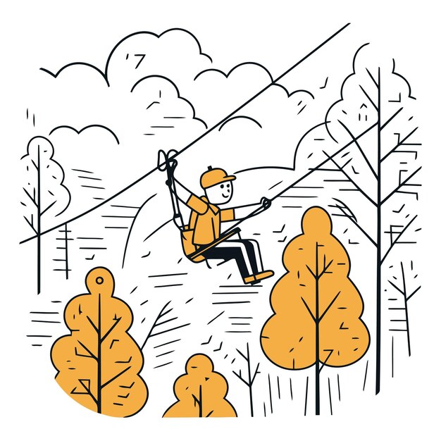 Vecteur illustration vectorielle d'un garçon sur une tyrolienne dans la forêt