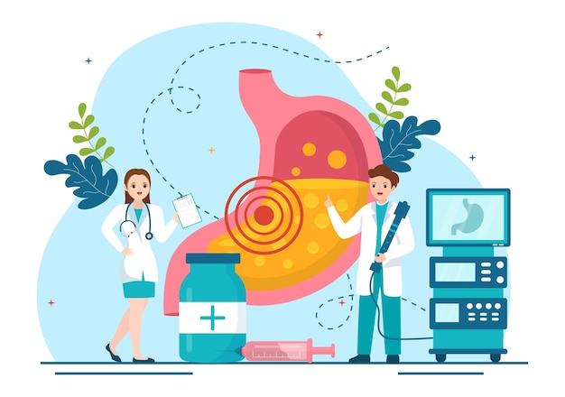 Illustration Vectorielle De Gastro-entérologie De La Santé De L'estomac Avec Des Modèles De Douleur Abdominale Et De Recherche Médicale