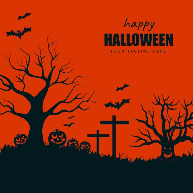 Illustration vectorielle gratuite d'Halloween avec la silhouette du château à la lune rougeoyante et les arbres morts près de cem
