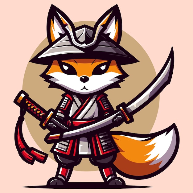 Vecteur illustration vectorielle gratuite d'un renard de dessin animé tenant une épée de samouraï dans sa main fox kitsune guerrier
