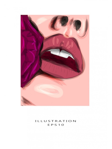 Vecteur illustration vectorielle. gros plan de belles lèvres féminines avec du maquillage rouge. une peau parfaitement propre, un maquillage des lèvres sexy. beau portrait de spa avec une fleur rose tendre. spa et cosmétiques.