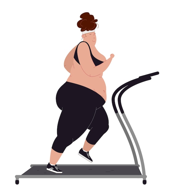 Vecteur illustration vectorielle d'une grosse femme faisant du jogging sur un simulateur de tapis roulant en vêtements de sport