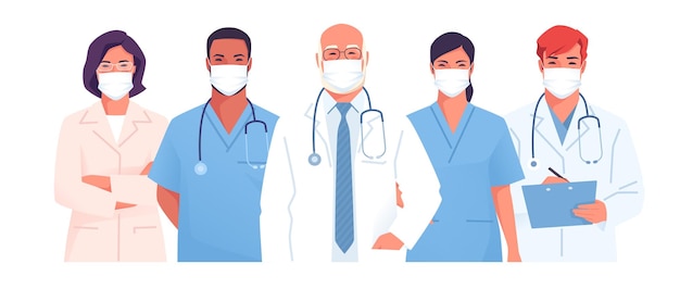 Illustration vectorielle d'un groupe d'équipes médicales de médecins portant des masques faciaux