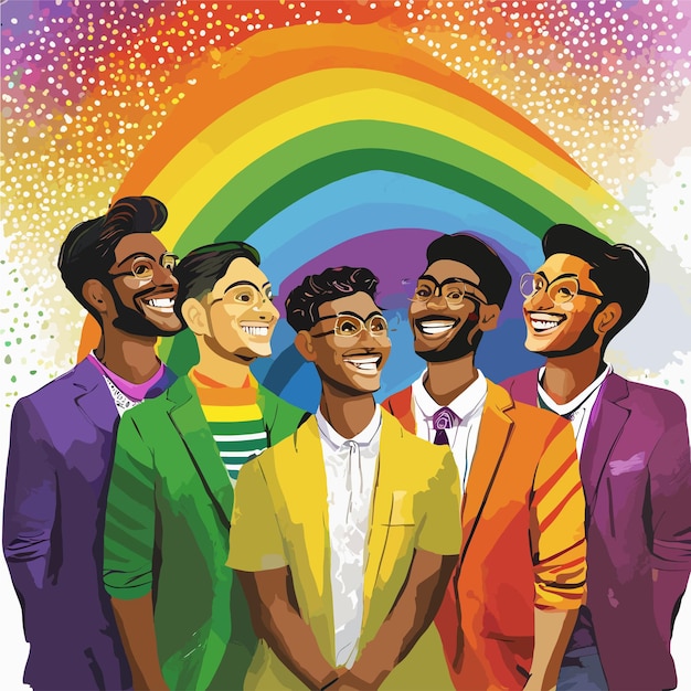 Illustration Vectorielle D'un Groupe De Personnes Lgbtq Sur Un Fond Arc-en-ciel Lgbtq