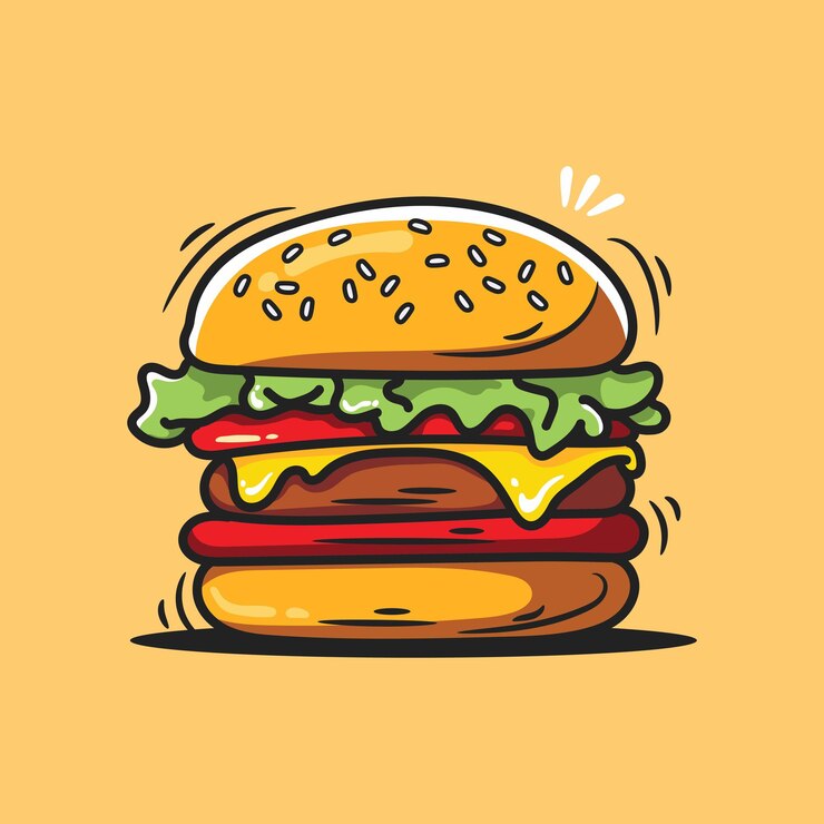 Vecteur illustration vectorielle d'un hamburger avec une icône de fast-food dessinée à la main isolée sur un fond jaune