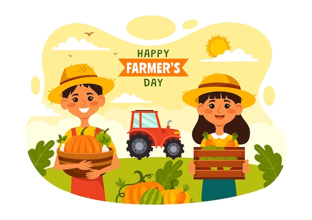 Illustration Vectorielle Happy Farmers39 Day Le 23 Décembre Champs De Riz Et Conception D'arrière-plan Des Agriculteurs