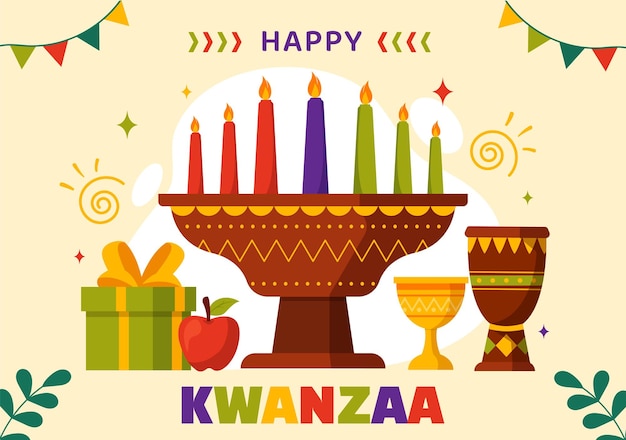 Vecteur illustration vectorielle happy kwanzaa en vacances traditionnelles, symbole africain, fond de dessin animé plat
