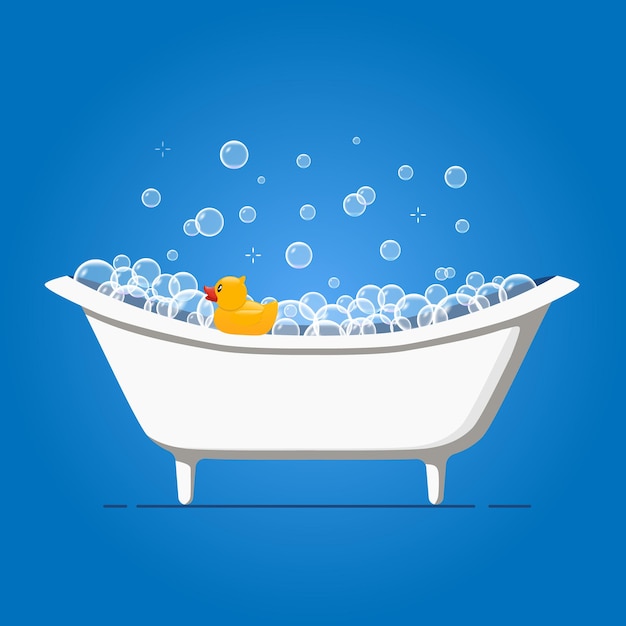 Illustration vectorielle de l'heure du bain avec baignoire et canard en caoutchouc jaune. Mousse d'eau à bulles dans le bain et le jouet.