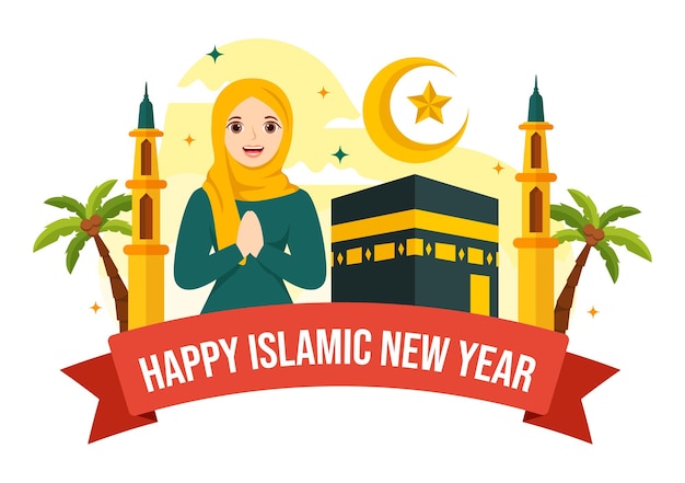 Illustration vectorielle heureuse de Muharram avec la célébration du nouvel an islamique en dessin animé plat dessiné à la main