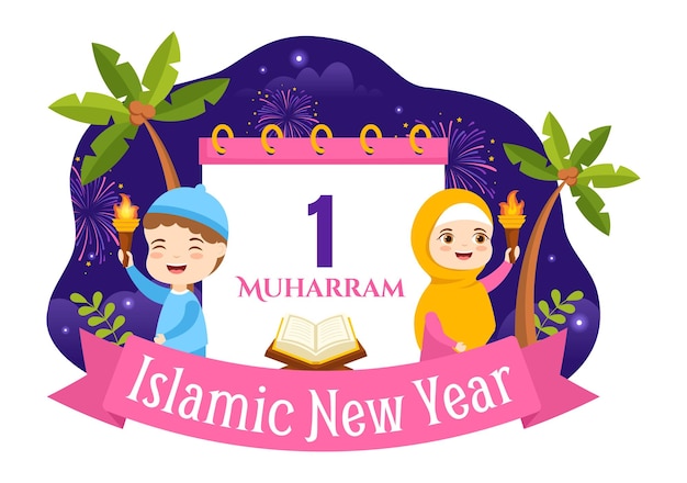 Illustration vectorielle heureuse de Muharram avec des enfants célébrant le nouvel an islamique en dessin animé plat dessiné à la main