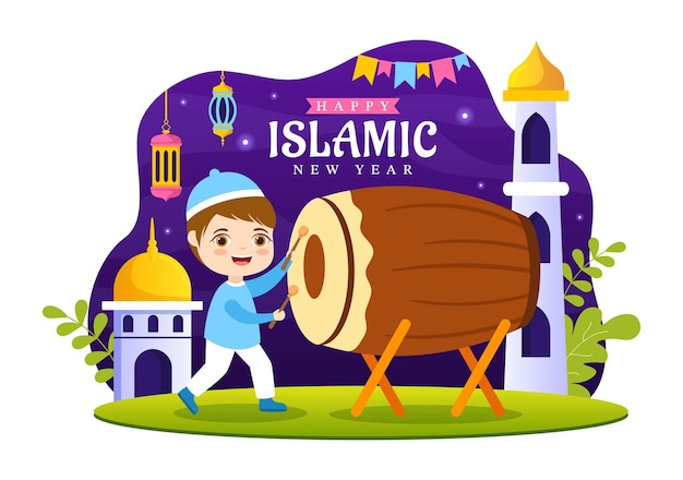 Illustration vectorielle heureuse de Muharram avec des enfants célébrant le nouvel an islamique en dessin animé plat dessiné à la main
