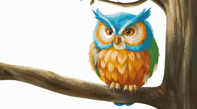 illustration vectorielle d'un hibou aux couleurs vives assis sur une branche avec un fond blanc