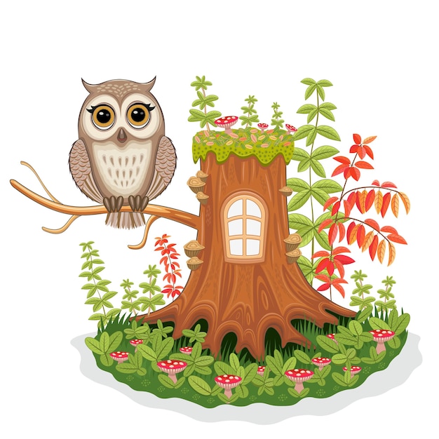 Illustration Vectorielle D'un Hibou Mignon Dans La Forêt