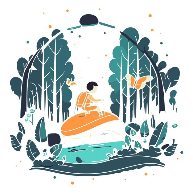 Illustration Vectorielle D'un Homme Assis Sur Un Bateau Dans La Forêt