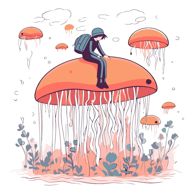 Illustration Vectorielle D'un Homme De Dessin Animé Avec Un Sac à Dos Assis Sur Un Champignon