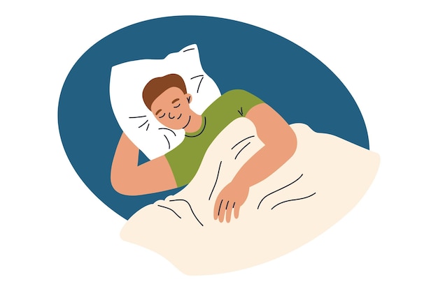 Illustration vectorielle d'un homme endormi dans un lit. Personnage de dessin animé couché sous une couverture sur un oreiller plat.