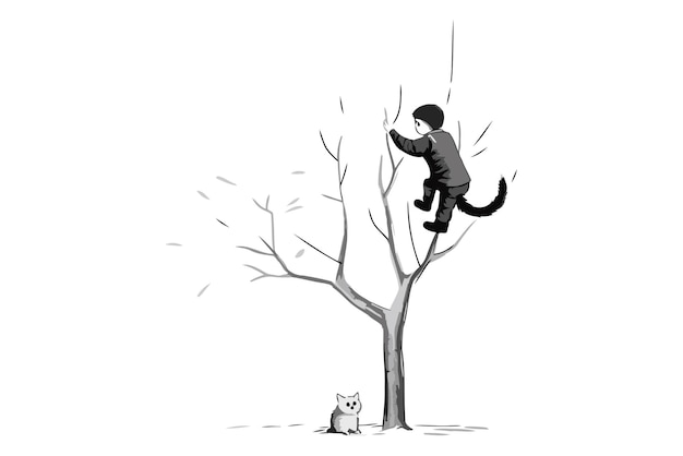 Vecteur illustration vectorielle d'un homme grimpant dans un arbre avec un chat en arrière-plan