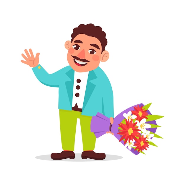 Illustration vectorielle d'un homme avec une moustache dans une veste tenant un beau bouquet de fleurs