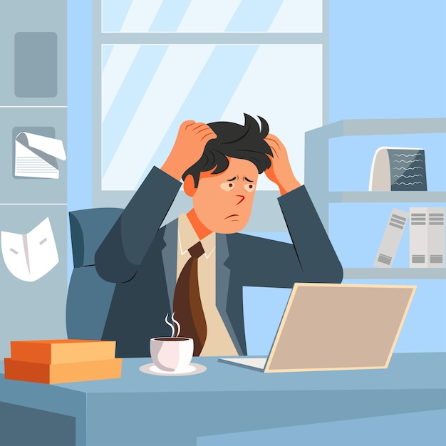 Illustration vectorielle d'un homme très stressé assis devant son ordinateur et tirant ses cheveux