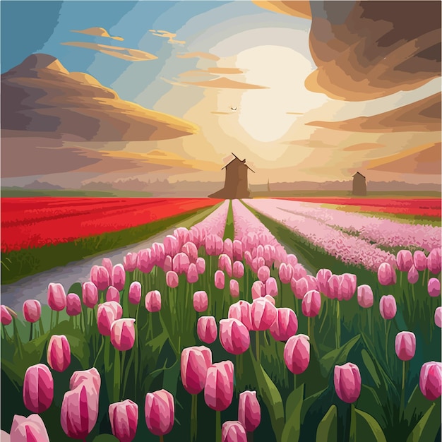 Vecteur illustration vectorielle horizontale de vastes champs de tulipes rouges dans une belle campagne contre un ciel bleu